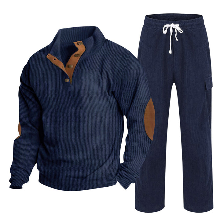 Men's Cozy Leisure Set made of Waffle Knit Henley with Elbow Patch and Relax Cargo Pants Mune Fashion