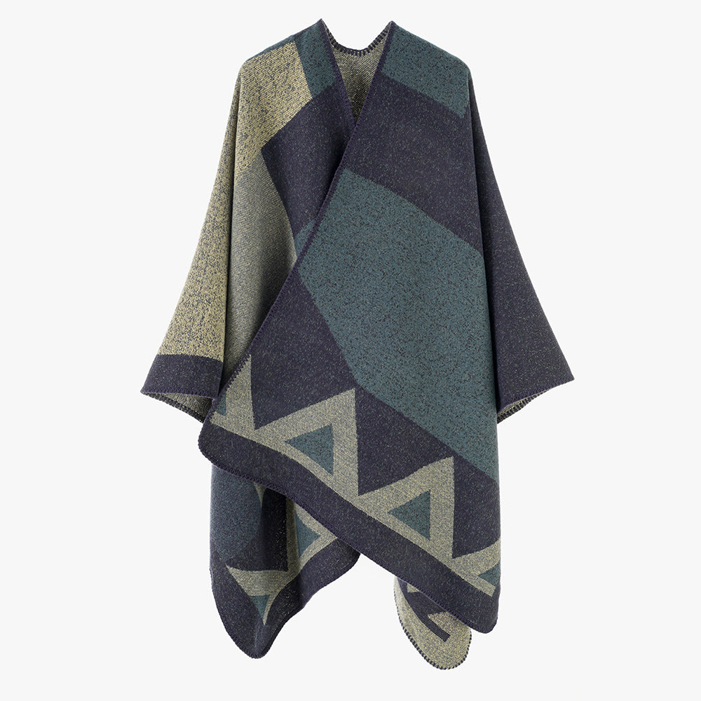 Women's Versatile Wool Blend Throw Poncho with Geometric Jacquard and Open Front