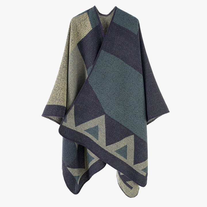 Women's wool triangular motif poncho with open front and decorative overlock seam Mune Fashion
