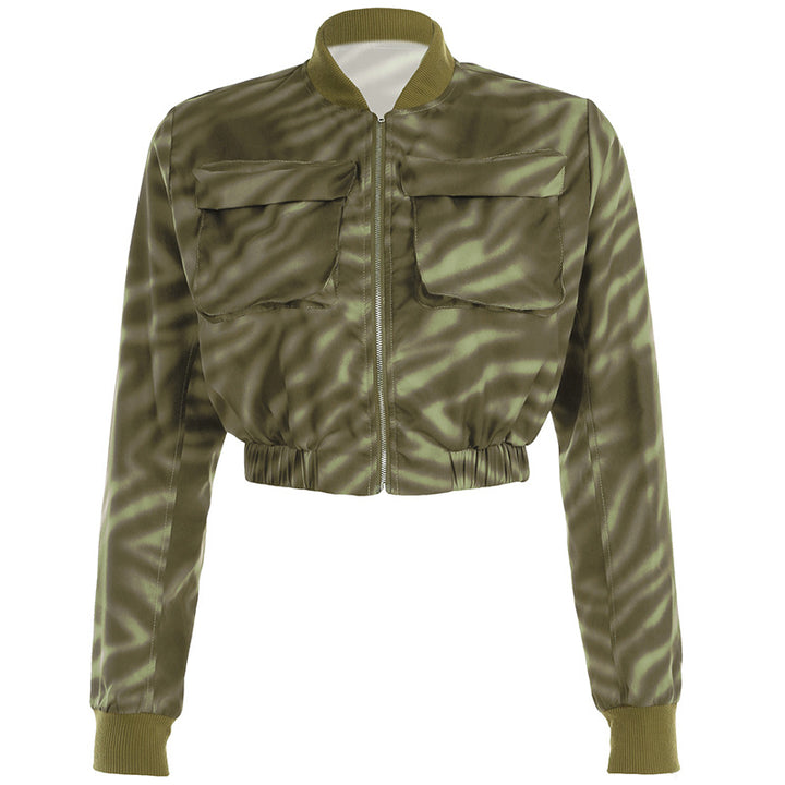 Women nan short-cut bomber jacket with flap pockets, zipper and elastic hem Mune Fashion