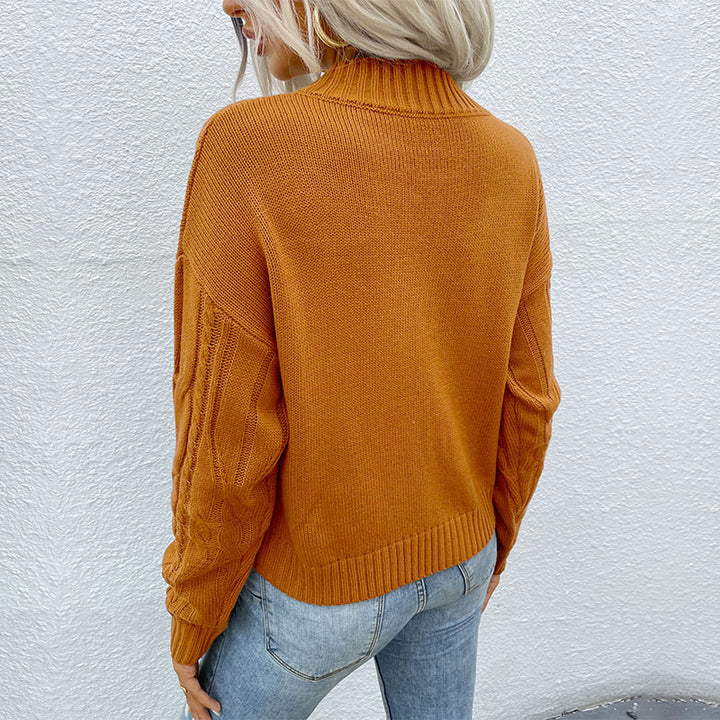 Ladies Short Cut Cable Knit Sweater with Standing Collar Mune Fashion