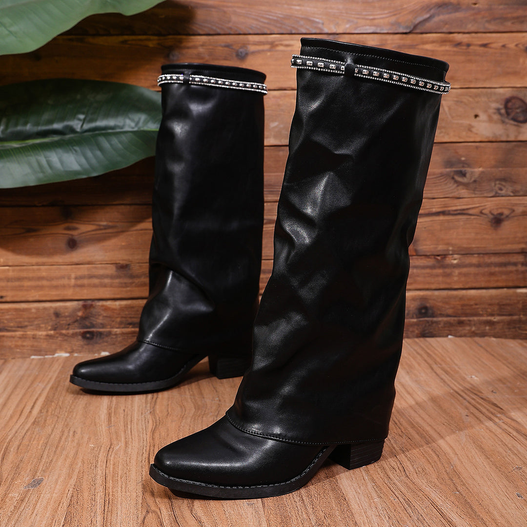 Women Knee-High Slouch Boots with Rhinestone Detail and Medium Block Heel Mune Fashion