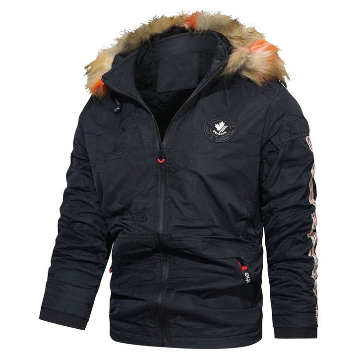 Men's quilted hooded jacket in field parka style with faux fur trim and sleeve stripe Mune Fashion