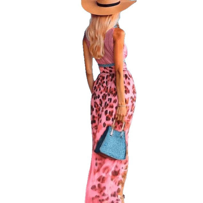 Women nan maxi dress with deep V-neck, braided halter, leopard print, pleated chiffon skirt, and side leg slit Mune Fashion