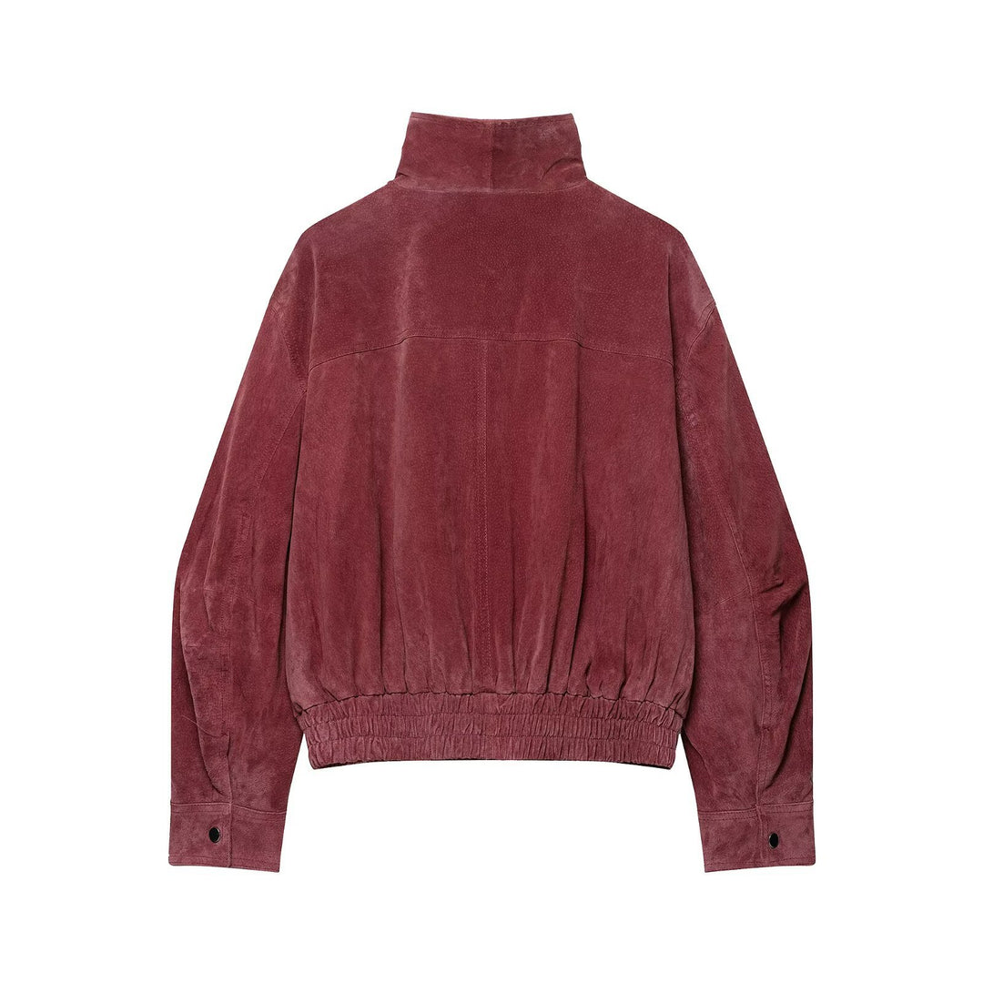 Women's Short Velour Leather Bomber with High Standing Collar and Elastic Hem