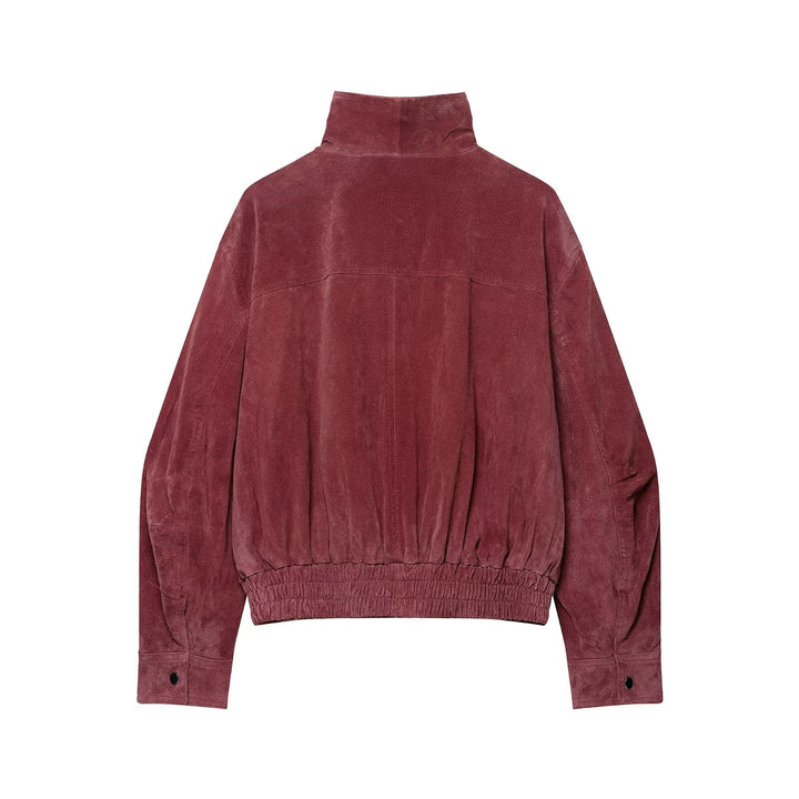 Women's Short Velour Leather Bomber with High Standing Collar and Elastic Hem