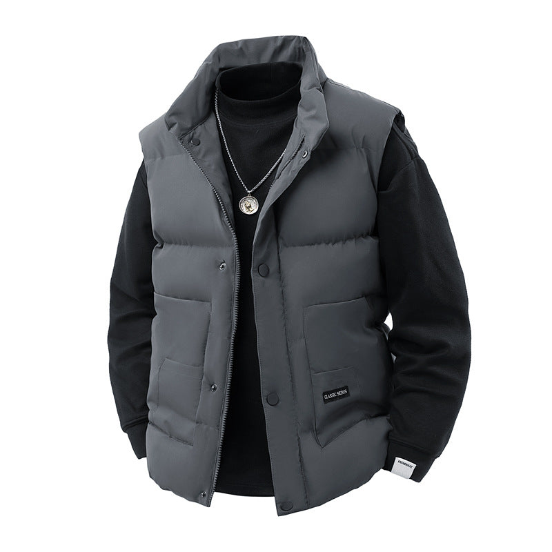 Men's thermo quilted vest with high collar trim, snap button front & mounted utility pockets Mune Fashion