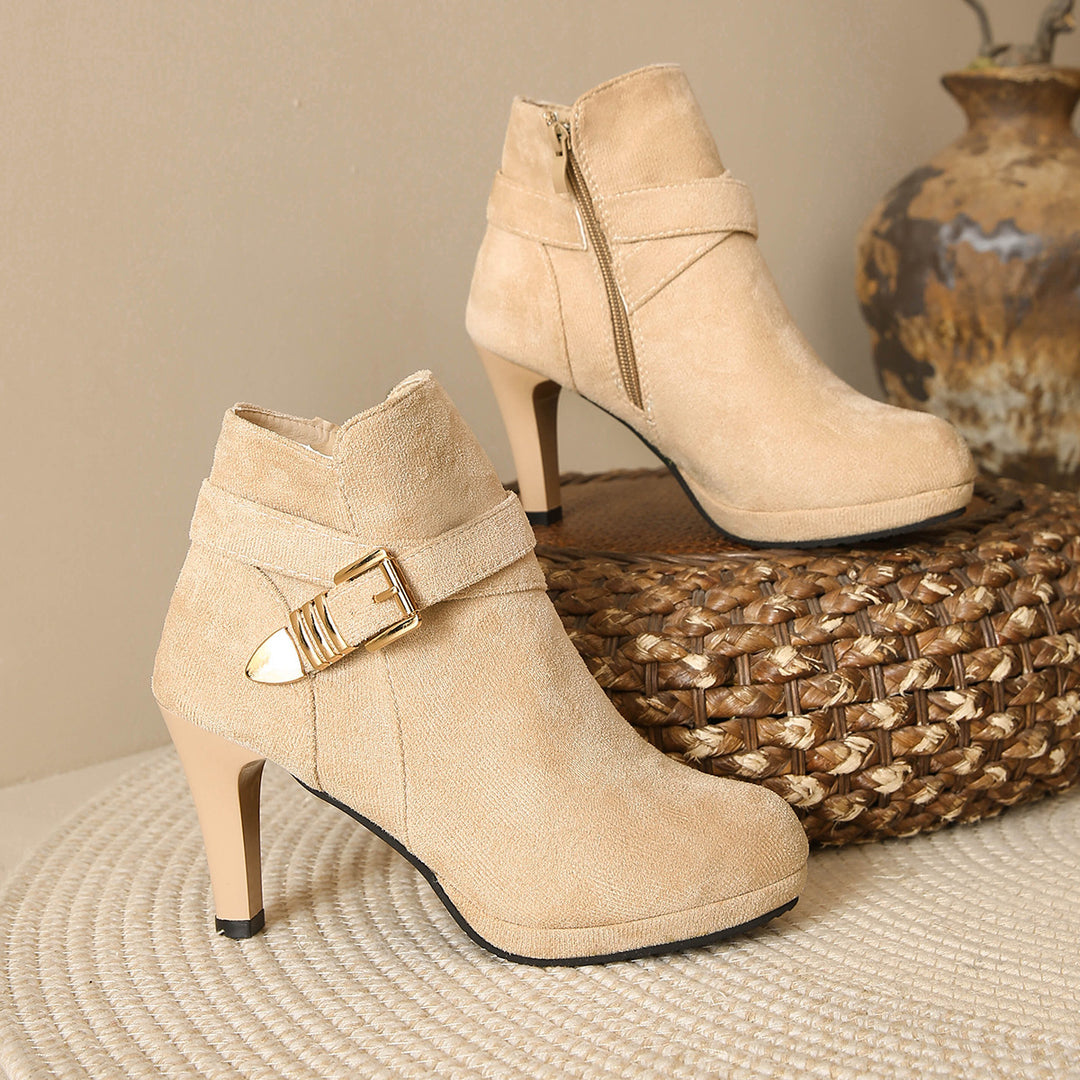 Women's Elegant Ankle Boots with High Heel, Side Zipper and Decorative Buckle Strap Mune Fashion