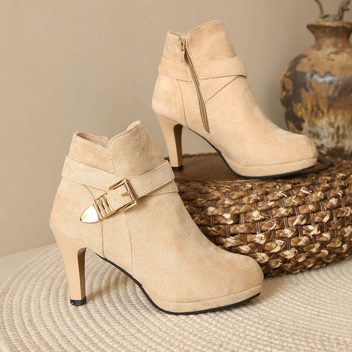 Women's Elegant Ankle Boots with High Heel, Side Zipper and Decorative Buckle Strap Mune Fashion