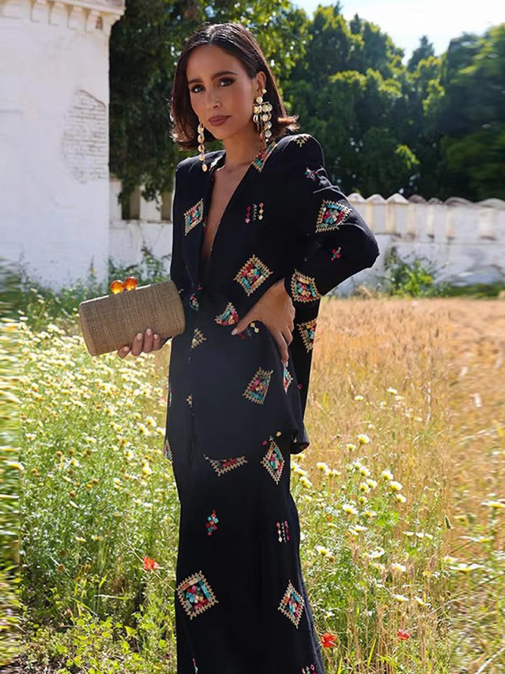 Women's Two-Piece Jacquard Suit with Waist Bow and Wide Leg Mune Fashion