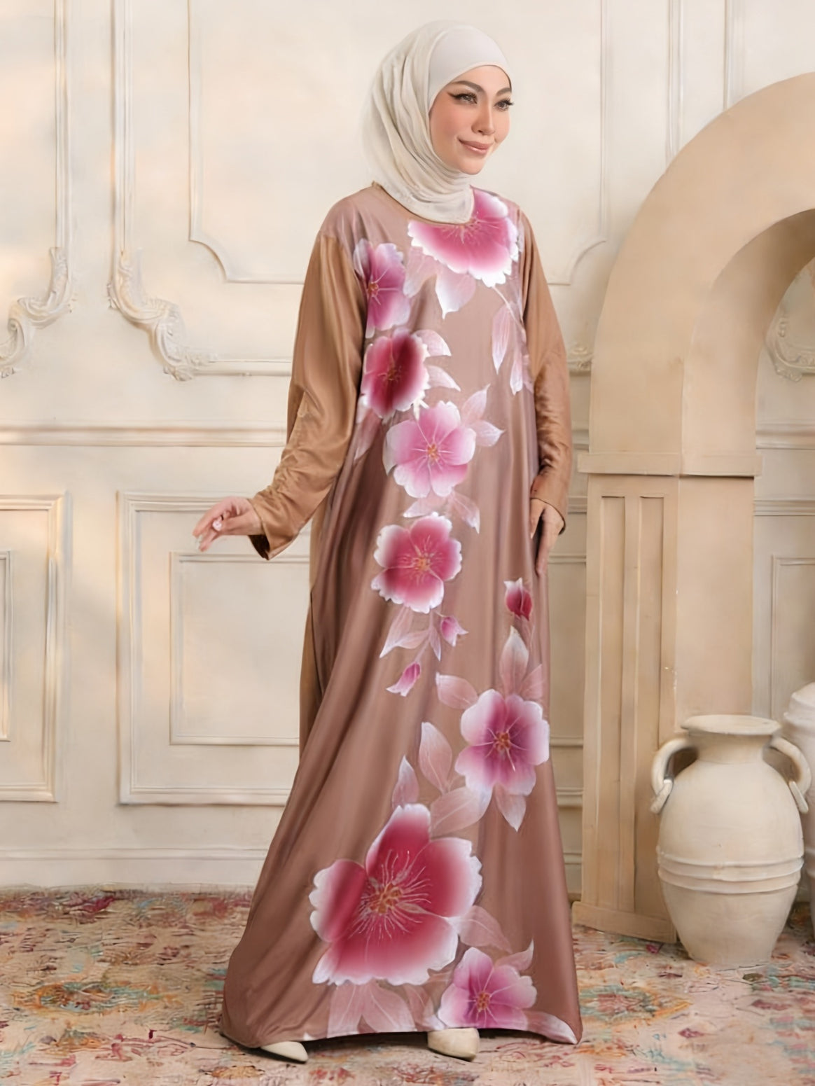 Women's maxi dress in kaftan style with hand-painted floral print Mune Fashion