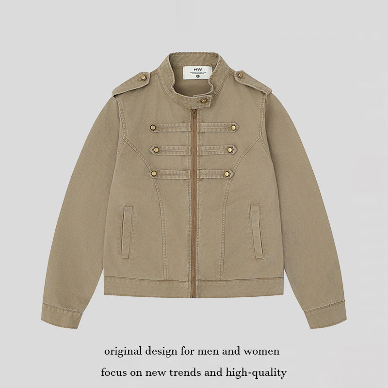Women's military-inspired cotton canvas jacket with stand-up collar, decorative button plackets, and shoulder epaulets Mune Fashion