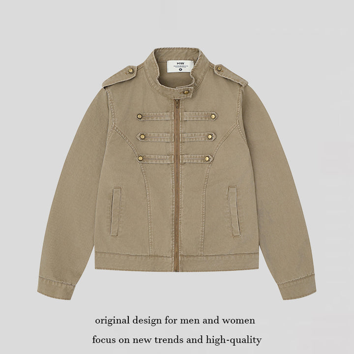 Women's military-inspired cotton canvas jacket with stand-up collar, decorative button plackets, and shoulder epaulets Mune Fashion