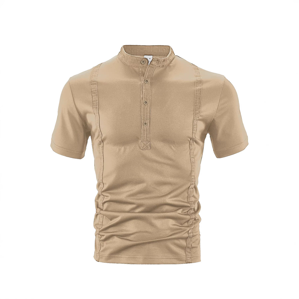 Men's short sleeve stand collar shirt with concealed button placket, decorative piping and fitted silhouette Mune Fashion