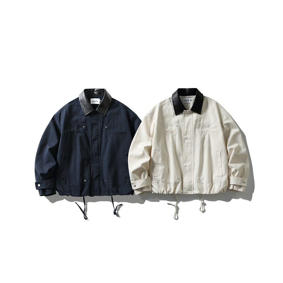 Men's short-cut boxy blouson jacket with faux leather collar, drawstring hem, and snap button cuffs Mune Fashion