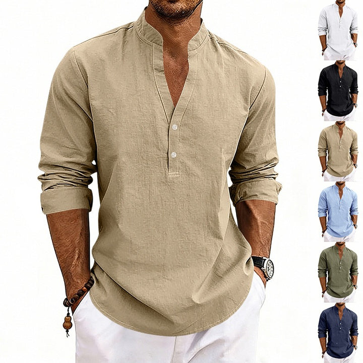 Men's Casual Long Sleeve Shirt Made of Linen with Stand-Up Collar and Short Button Placket Mune Fashion