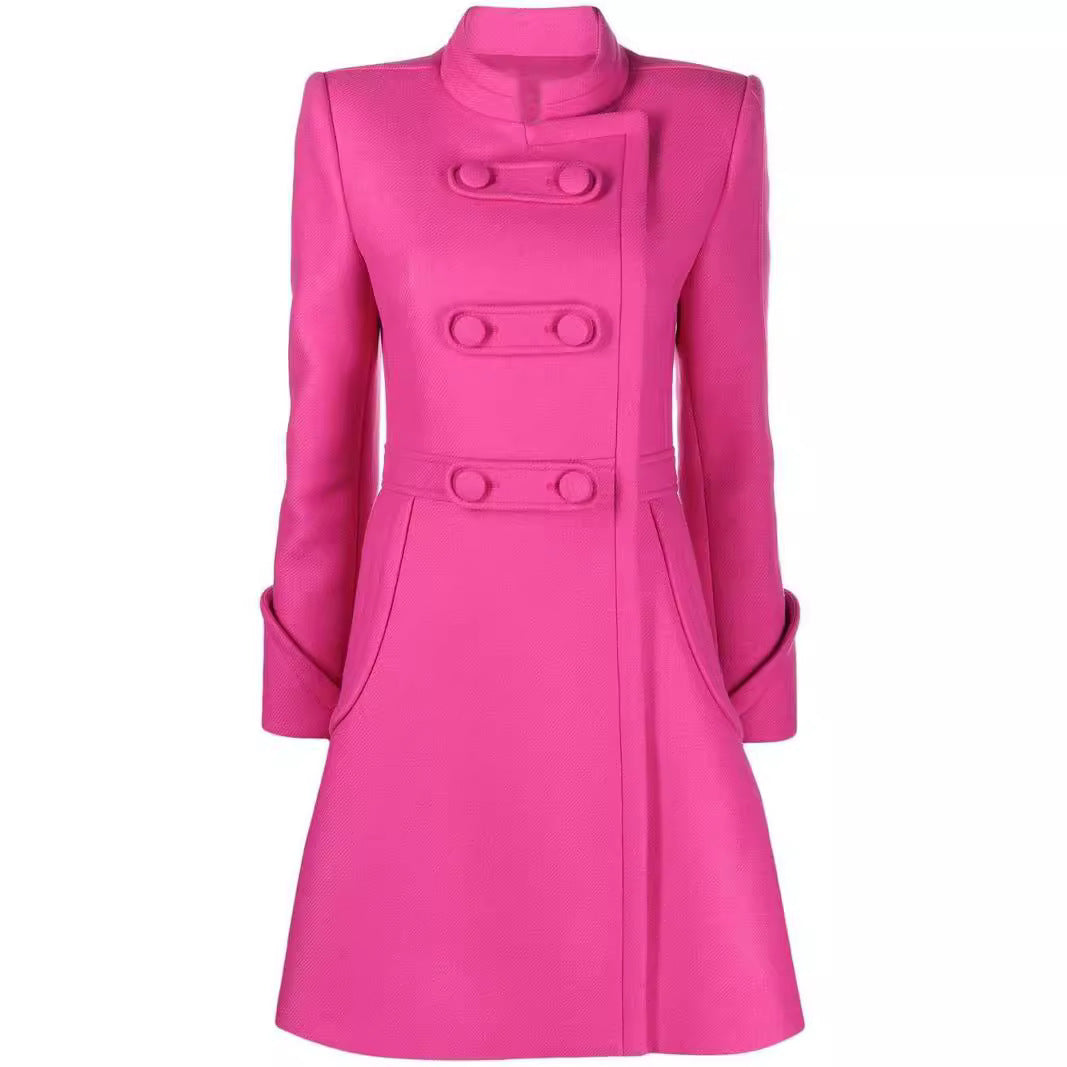 Women's Mid-Length A-Line Coat with Stand-Up Collar and Decorative Loop Closure Mune Fashion