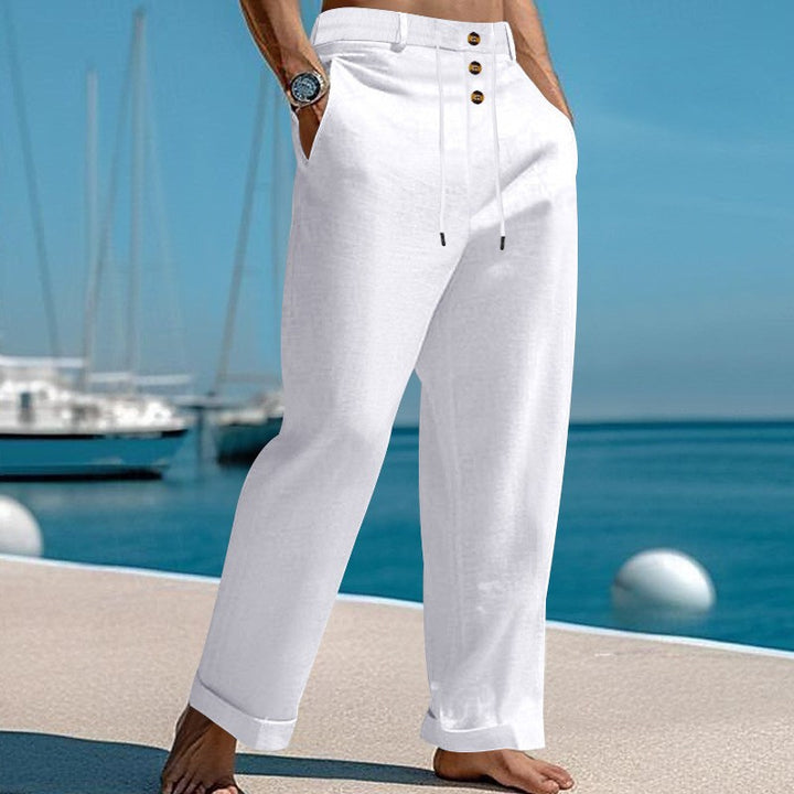 Men's wide linen look pants with triple button placket, drawstring and rolled hem Mune Fashion