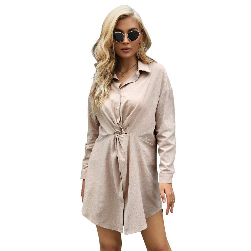 Women's tunic shirt dress with twist knot, button placket, and side slit Mune Fashion