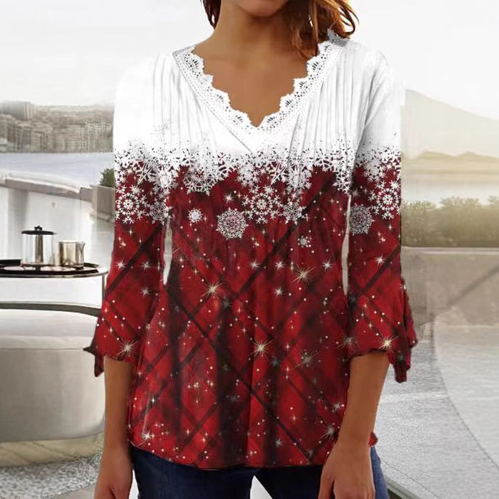 Women's Tunic blouse with lace V-neck, fine pleated yoke and wintry snowflake print Mune Fashion