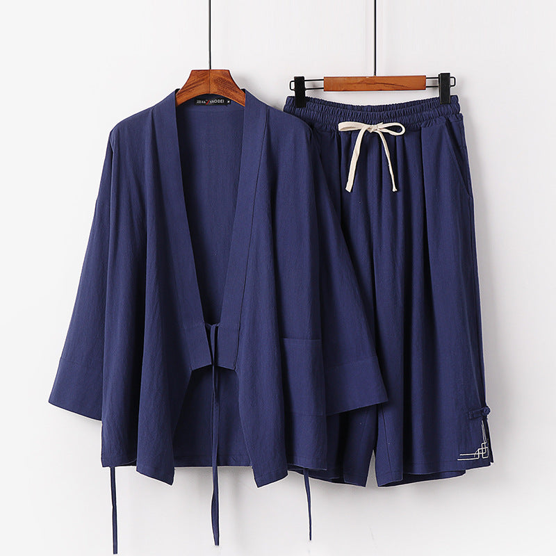 Women's Zen-Kimono-Lounge-Set made of breathable cotton blend with tie waist jacket and wide culotte pants Mune Fashion