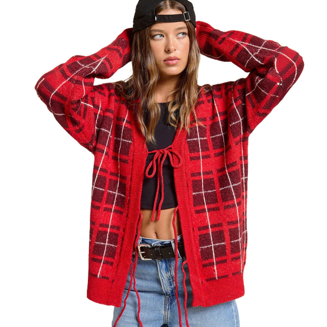 Women's Oversize Checkered Knitted Cardigan with Tie Belt & Patch Pockets Mune Fashion