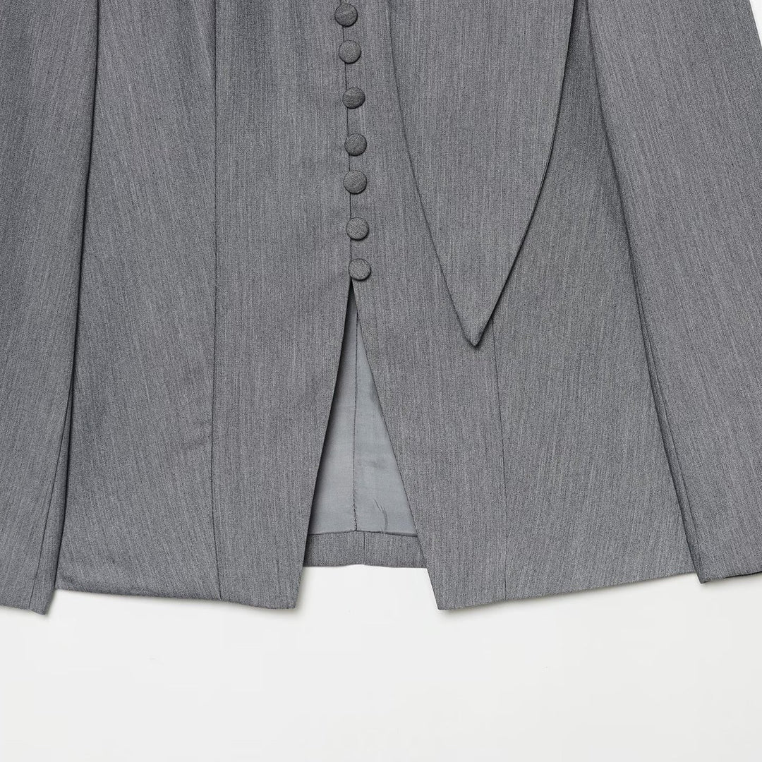 Women's Elegant Longline Blazer with High Funnel Collar and Overlapping Fabric Buttons Mune Fashion