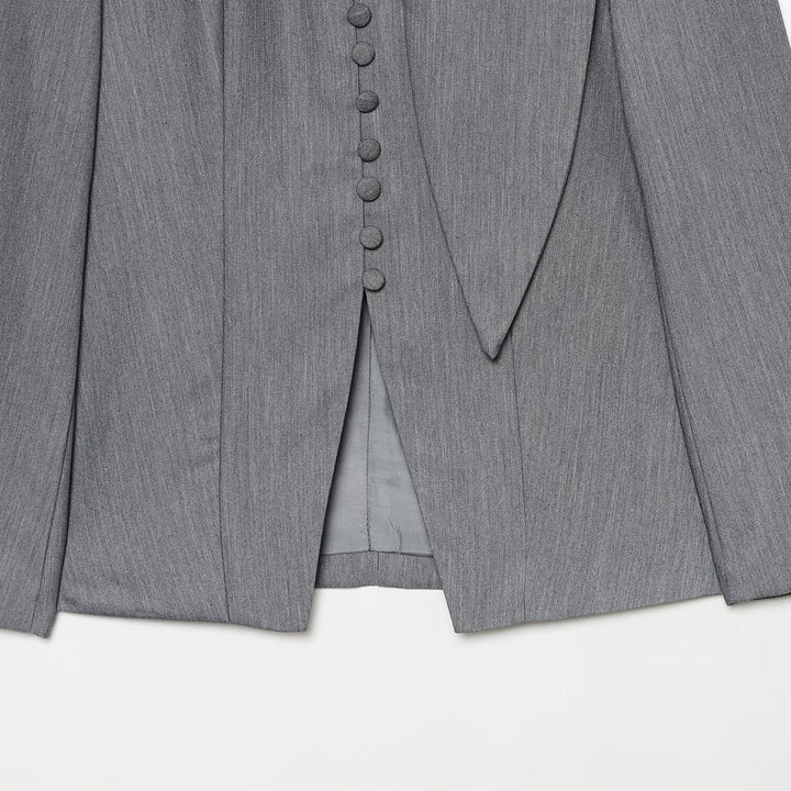 Women's Elegant Longline Blazer with High Funnel Collar and Overlapping Fabric Buttons Mune Fashion