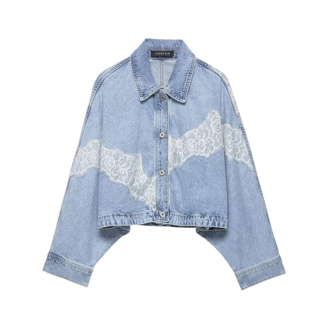 Women's oversized denim jacket with lace trim, boxy cropped cut, and dropped sleeves Mune Fashion