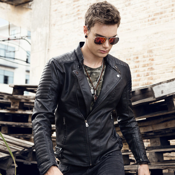 Men's Slim-Fit Biker Jacket made of Faux Leather with Quilted Shoulder and Sleeve Yoke Mune Fashion