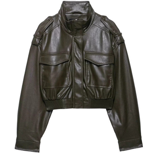 Women's 10+ short faux leather bomber jacket in military look with flap pockets and stand-up collar Mune Fashion