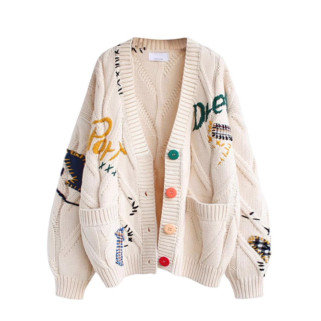 Women's Stylish Knitted Cardigan with Colorful Buttons and Elaborate Design