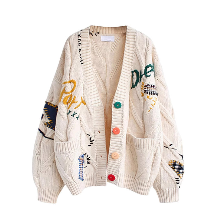Women's Stylish Knitted Cardigan with Colorful Buttons and Elaborate Design