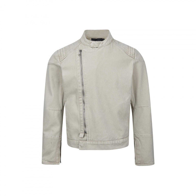 Men's Asymmetric Short Jacket in Biker Style with Stand-up Collar and Diagonal Metal Zipper Mune Fashion