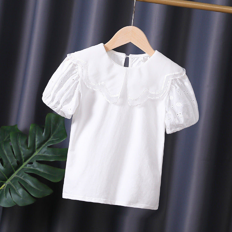 Girls blouse with decorative eyelet embroidery and voluminous puff sleeves Mune Fashion