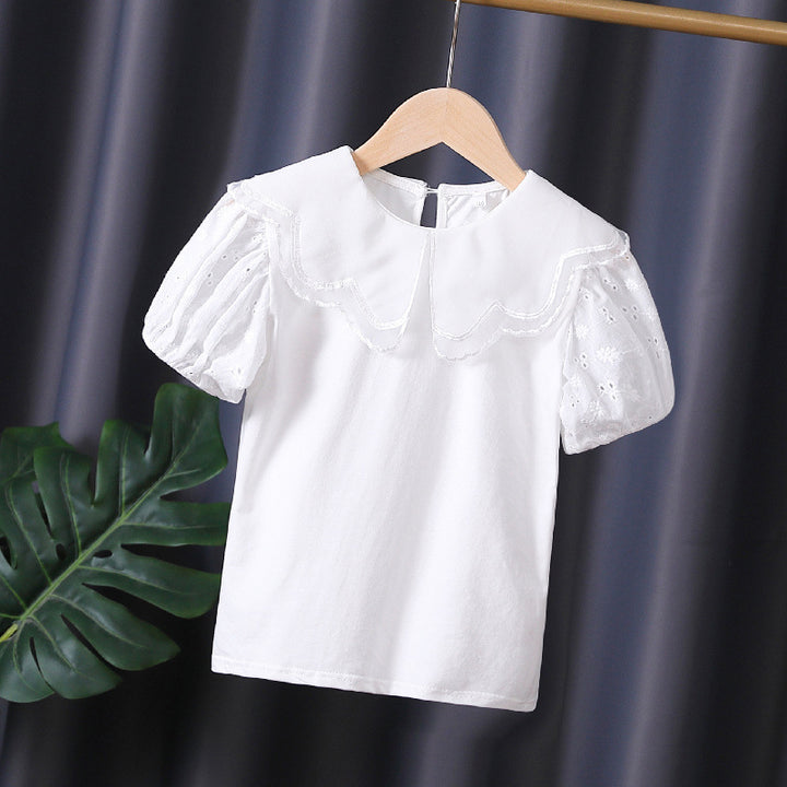 Girls blouse with decorative eyelet embroidery and voluminous puff sleeves Mune Fashion