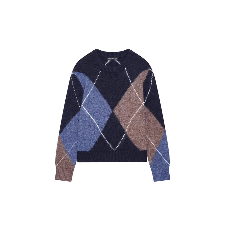 Women's thick knitted Argyle sweater with round neck, dropped shoulder, and wide ribbed cuffs Mune Fashion
