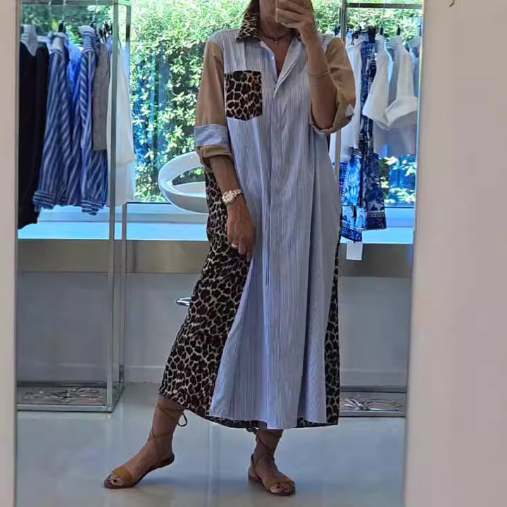 Women's shirt dress in print mix with leopard print side inserts, pinstripe yoke and roll-up sleeves Mune Fashion