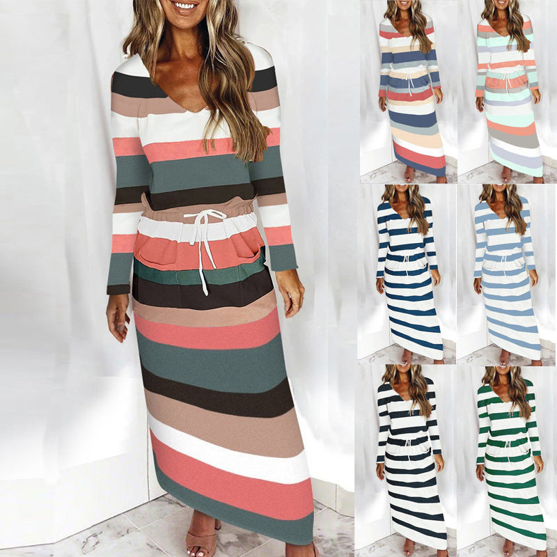 Women's Casual-Elegant Maxi Knit Dress with V-Neck, Drawstring and Side Pockets Mune Fashion