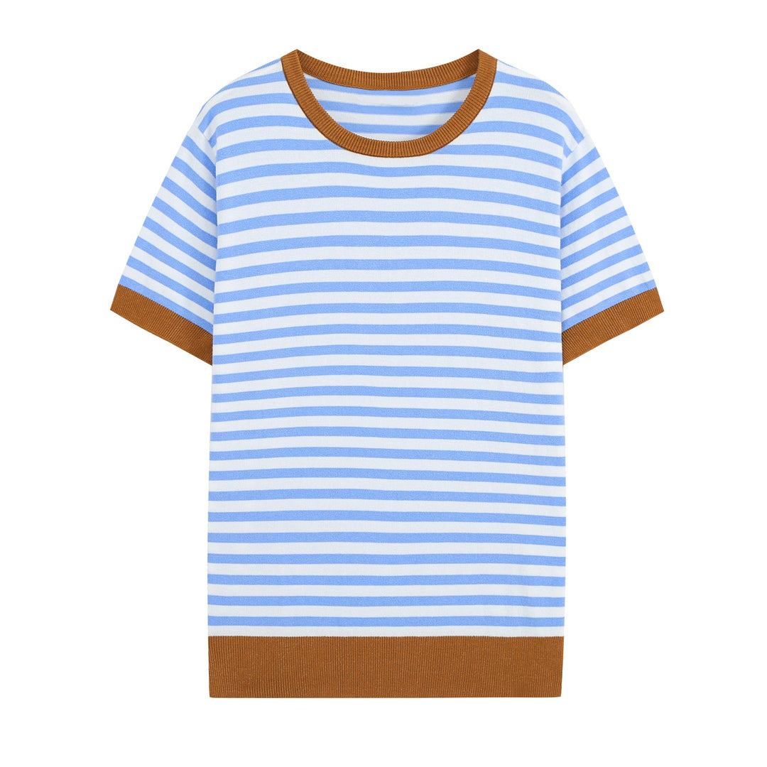 Women Short-Sleeved Striped Rib Knitted Shirt with Contrast Cuffs Mune Fashion