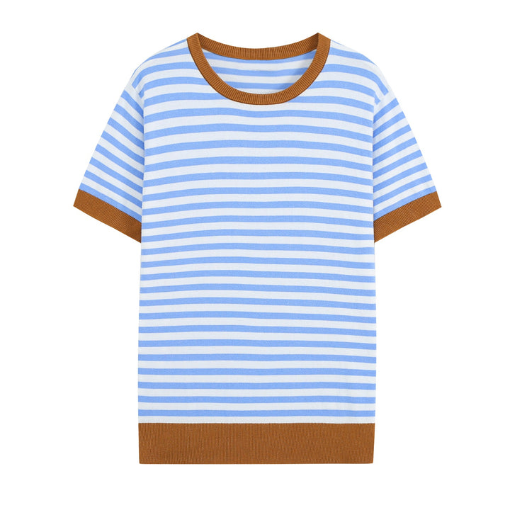 Women Short-Sleeved Striped Rib Knitted Shirt with Contrast Cuffs Mune Fashion