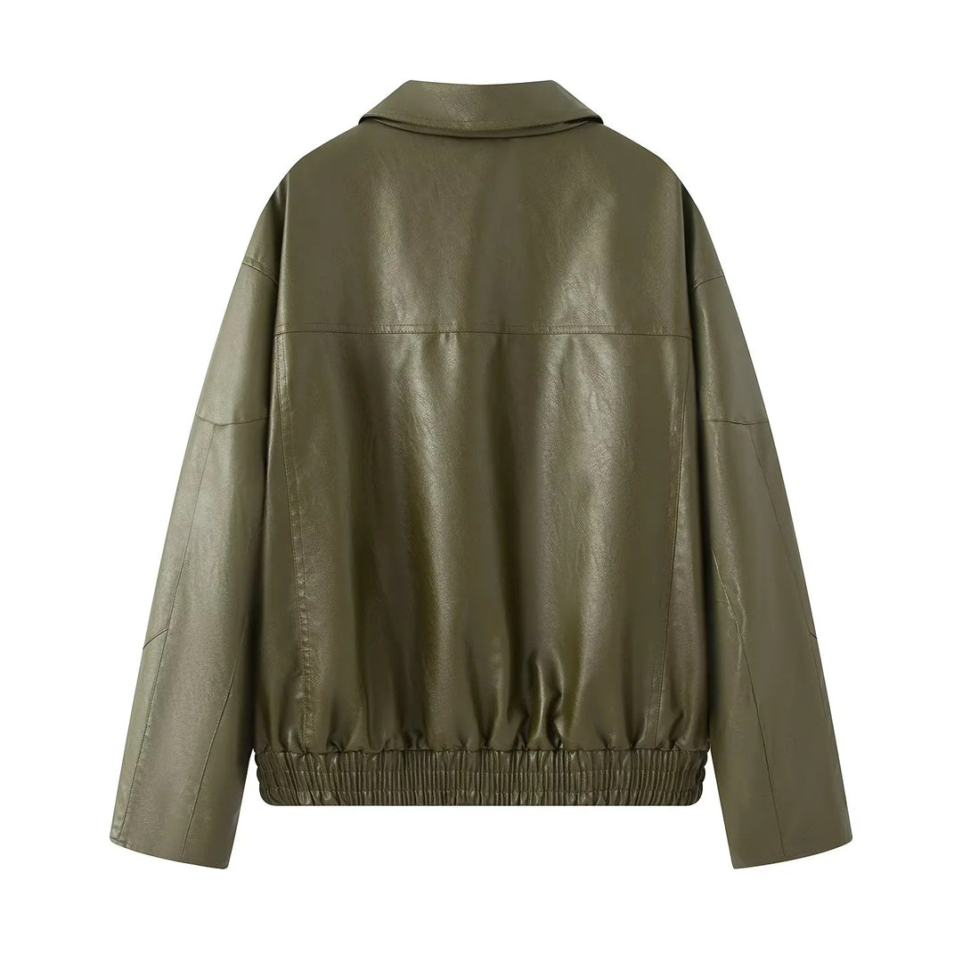 Women nan oversized faux leather bomber jacket with elastic hem and angled zip pocket Mune Fashion