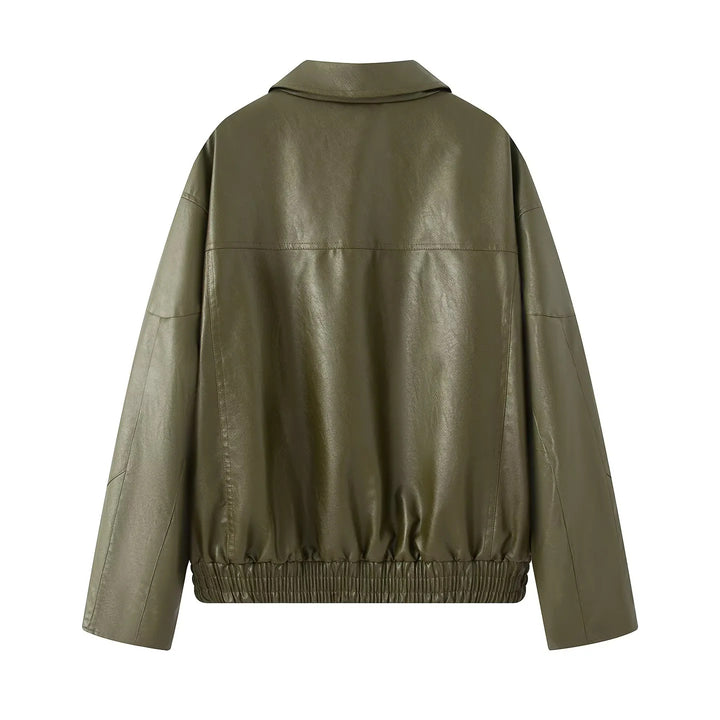 Women nan oversized faux leather bomber jacket with elastic hem and angled zip pocket Mune Fashion