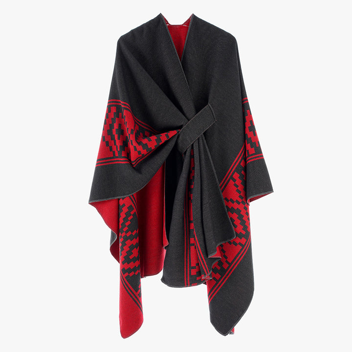 Women's Jacquard Ruana with TIE BELT and geometric pattern Mune Fashion