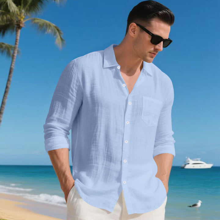 Men's Resort Long Sleeve Shirt made of Linen Voile with Open Kent Collar and Patch Chest Pocket Mune Fashion