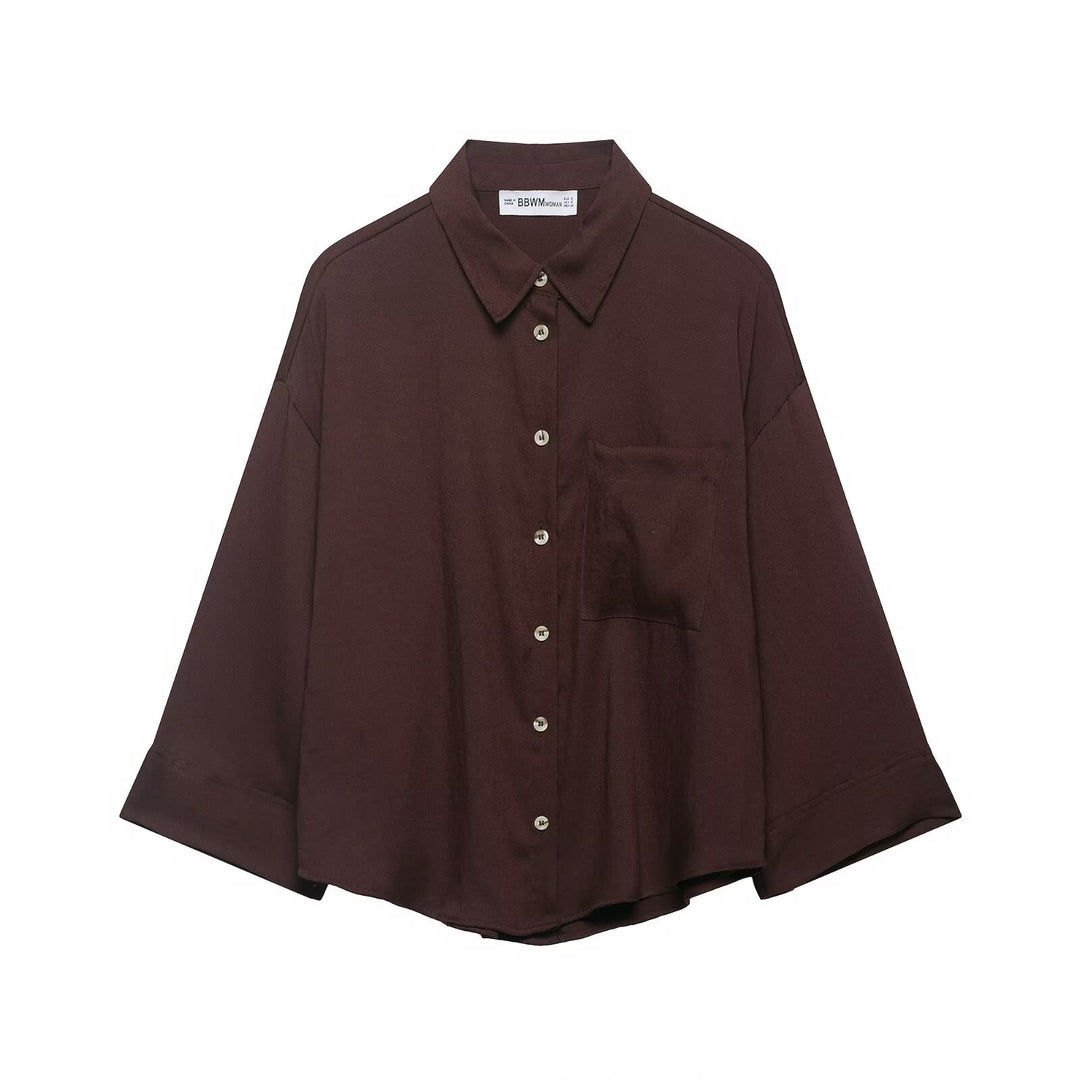 Women Oversized Shirt Blouse with Dropped Shoulders, Three-Quarter Sleeves and Chest Pocket Mune Fashion