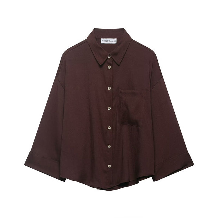 Women Oversized Shirt Blouse with Dropped Shoulders, Three-Quarter Sleeves and Chest Pocket Mune Fashion