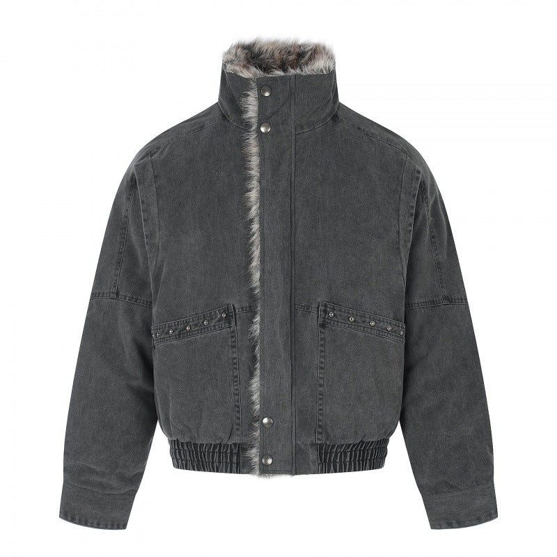Women's Short Cut Corduroy Look Blouson Jacket with Faux Fur Lining and High Standing Collar Mune Fashion