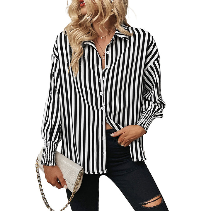 Women Oversized Shirt Blouse with Vertical Stripes, Classic Collar and Gathered Cuffs Mune Fashion