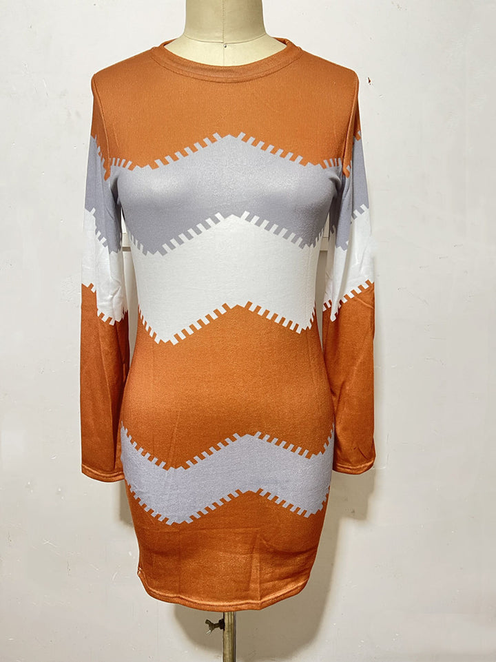 Women's long sleeve knit dress with chevron pattern, straight hem, and body-flattering fit Mune Fashion